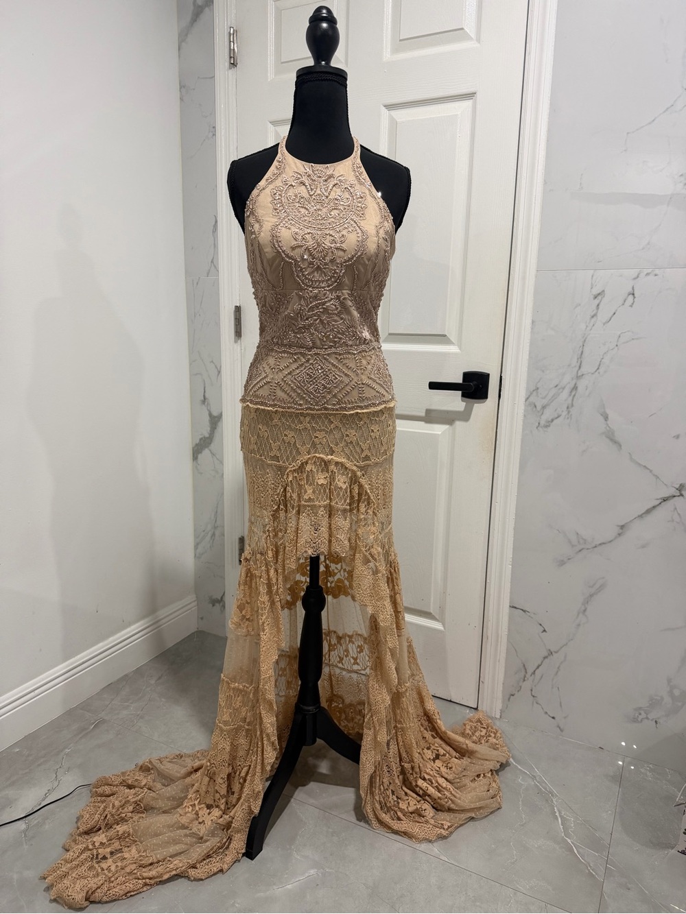 Sherri Hill Nude Beaded Lace halter neck high low with sheer skirt Dress size 4